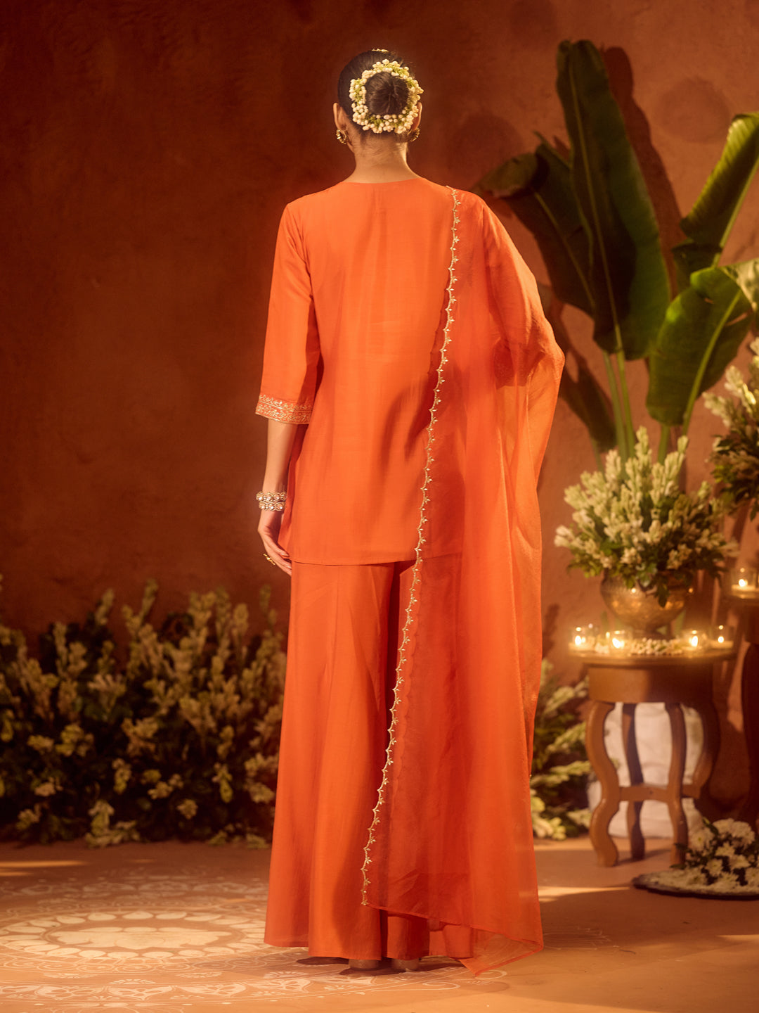 FIORRA Women’s Orange Viscose Chanderi Embroidered Ethnic Straight Kurta Set with Dupatta